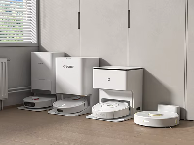 Multiple Intelligent Cleaning Robots with Charging Bases in Home Interior on Wooden Floor 3d model