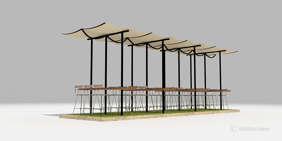 Row of Outdoor Tables With Beige Canopy Shades Black Metal Poles And Wooden Tops 3d model 