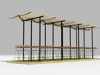 Row of Outdoor Tables With Beige Canopy Shades Black Metal Poles And Wooden Tops 3d model