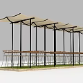 Row of Outdoor Tables With Beige Canopy Shades Black Metal Poles And Wooden Tops