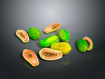 Fresh Ripe Papayas With Whole And Sliced Pieces Showing Orange Flesh And Black Seeds 3d model
