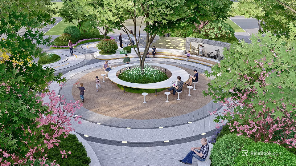 Park Landscape With Circular Seating Area Green Trees Colorful Flowers And People Relaxing 3d model 
