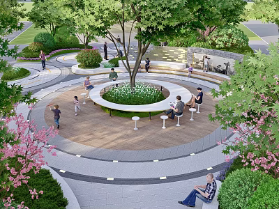 Park Landscape With Circular Seating Area Green Trees Colorful Flowers And People Relaxing 3d model