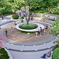 Park Landscape With Circular Seating Area Green Trees Colorful Flowers And People Relaxing