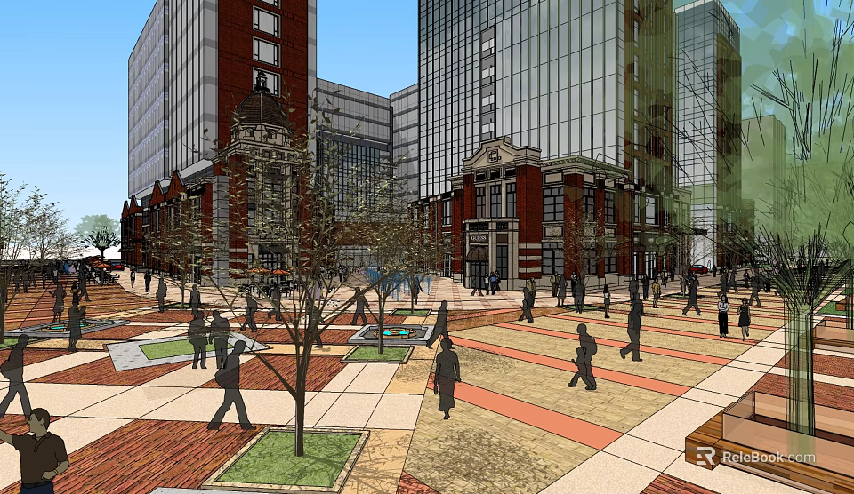 Modern Commercial Complex With High Rise Buildings Red Brick Structures Open Square And Pedestrians 3d model 