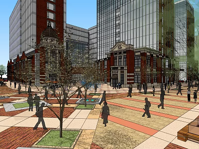 Modern Commercial Complex With High Rise Buildings Red Brick Structures Open Square And Pedestrians 3d model