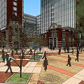 Modern Commercial Complex With High Rise Buildings Red Brick Structures Open Square And Pedestrians