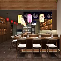 Japanese Restaurant Interior Featuring Red Colored Lanterns Wooden Counter Chairs and Shelves with Tableware