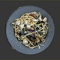 Tasty Seafood Spaghetti With Mussels Clams On Blue Plate And Savory Sauce