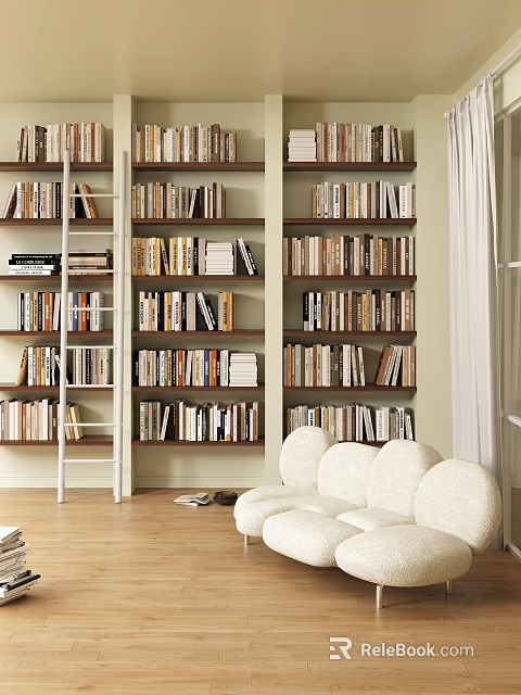 Modern Bookcases Filled With Books In Living Room With Cozy White Sofa And Wooden Floor 3d model 