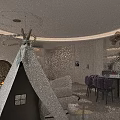 Modern Living And Dining Room Interior With White Sofa Purple Chairs Circular Chandeliers And Fireplace