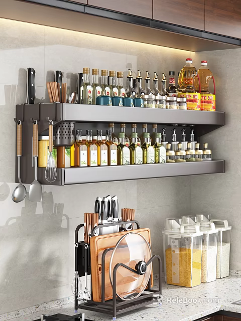 Practical Kitchen Cabinet With Wall-Mounted Shelf Condiment Bottles And Utensils Storage 3d model 