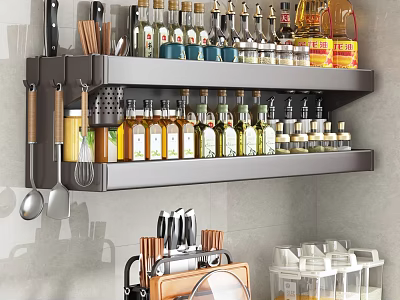 Practical Kitchen Cabinet With Wall-Mounted Shelf Condiment Bottles And Utensils Storage 3d model