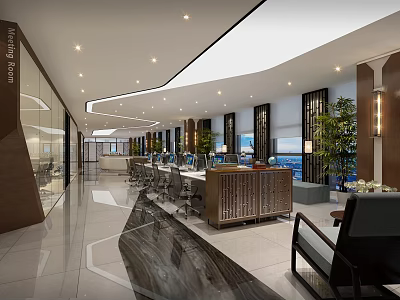 Modern Public Office Space With Open Layout Desks Chairs And Green Plants 3d model