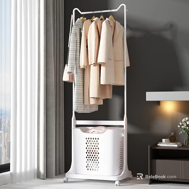 White Clothes Rack With Light Colored Clothes Near Window Curtain Table Lamp And Vase 3d model 