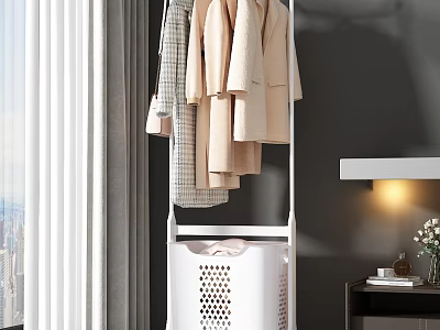 White Clothes Rack With Light Colored Clothes Near Window Curtain Table Lamp And Vase 3d model