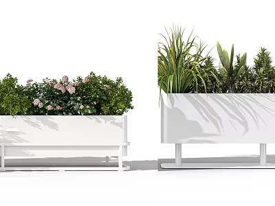Rectangular White Planters with Potted Green Plants and Pink Flowers on Stands 3d model