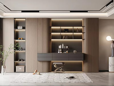 Modern Wooden Wardrobe Design With LED Lighting Shelves Drawers And Shoe Storage 3d model