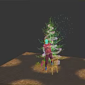 Christmas Tree Being Decorated By Person On Chair With Gift Boxes And Light Shadows