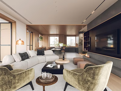 Modern Living Dining Room Interior With Open Layout Sofa Coffee Table And TV Wall 3d model