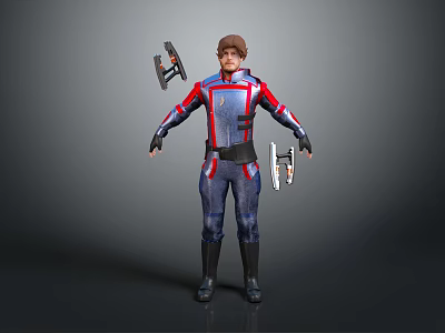 Game and Movie Character Wearing Blue and Red Uniform Standing with Black Belt Holding Weapons 3d model