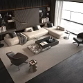 Modern Living Room With White Sofa And Coffee Table Gray Pillows Bookshelves Brown Accent Chairs