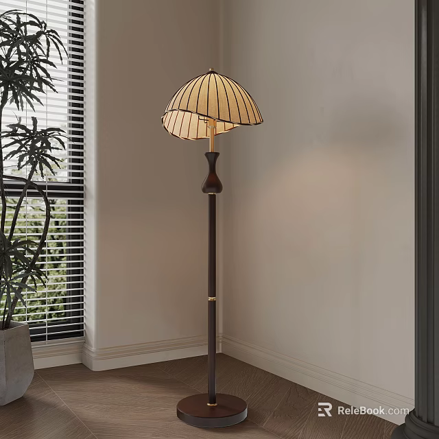 Classic Stained Glass Floor Lamp Near Window Blinds With Green Plant 3d model 
