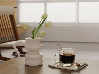 White Vase With Fresh White Tulips And Coffee Cup On Wooden Table By Window 3d model