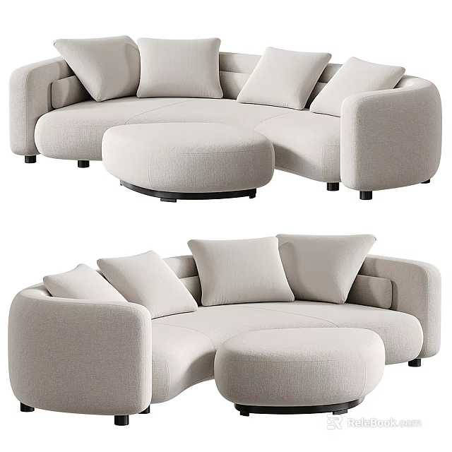 Modern Beige Curved Sectional Sofa with Ottoman and Multiple Cushions 3d model 