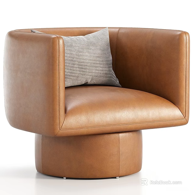 Brown Leather Leisure Chair with Armrests and Striped Cushion in Modern Style 3d model 