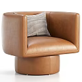 Brown Leather Leisure Chair with Armrests and Striped Cushion in Modern Style