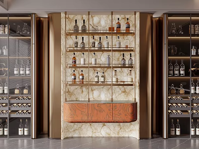 Modern Wine Cabinet Interior With Marble Finish Central Orange Seat Glass Doors And Wine Bottles 3d model