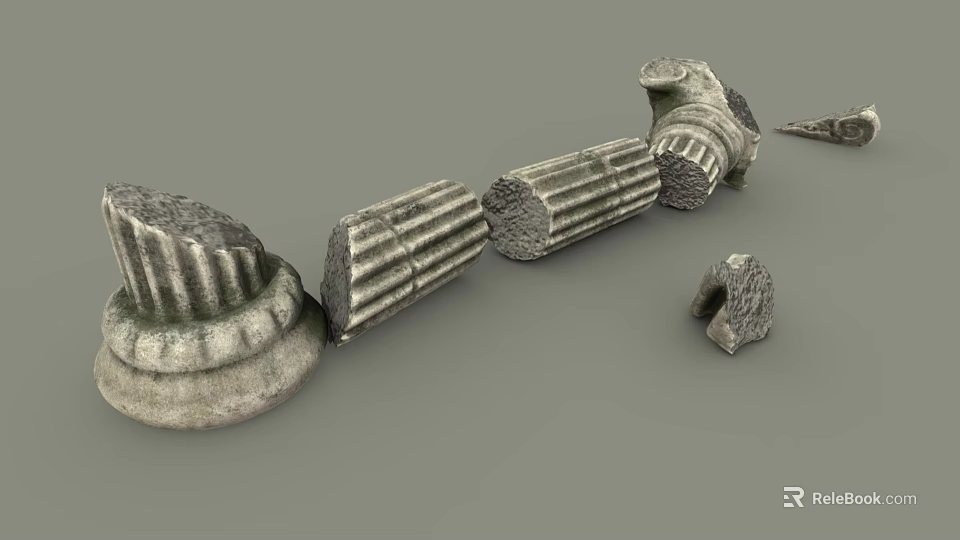 Ancient Stone Roman Column Fragments With Broken Capitals And Shafts 3d model 