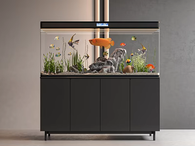 Modern Fish Tank Setup With Various Fish Aquatic Plants Decorative Rocks On Black Cabinet Stand 3d model