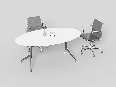 Oval White Conference Table With Metal Legs Grey Office Chairs And Small Plant Vase 3d model