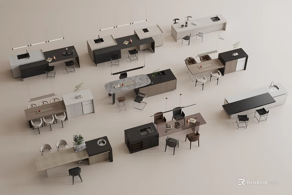 Various Modern Bar Counter Designs With Stools And Different Materials 3d model