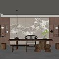 Traditional Chinese Tea Room Interior With Landscape Painting Backdrop Wooden Shelves And Green Plant