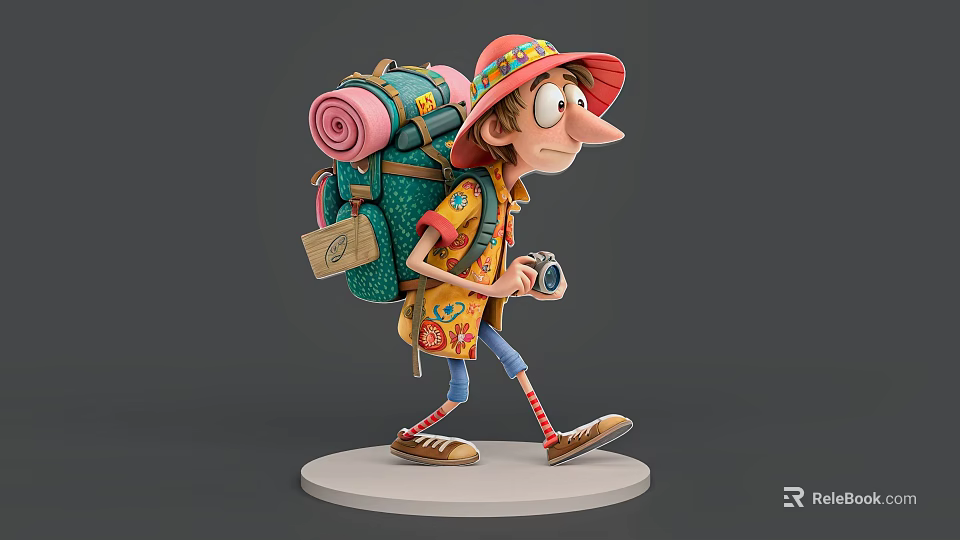 Man Carrying Camera And Large Colorful Backpack Wearing Hat While Walking 3d model
