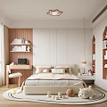 Cozy Kids Bedroom Interior With Bed Shelves Toys Rug Lighting And Window Curtains
