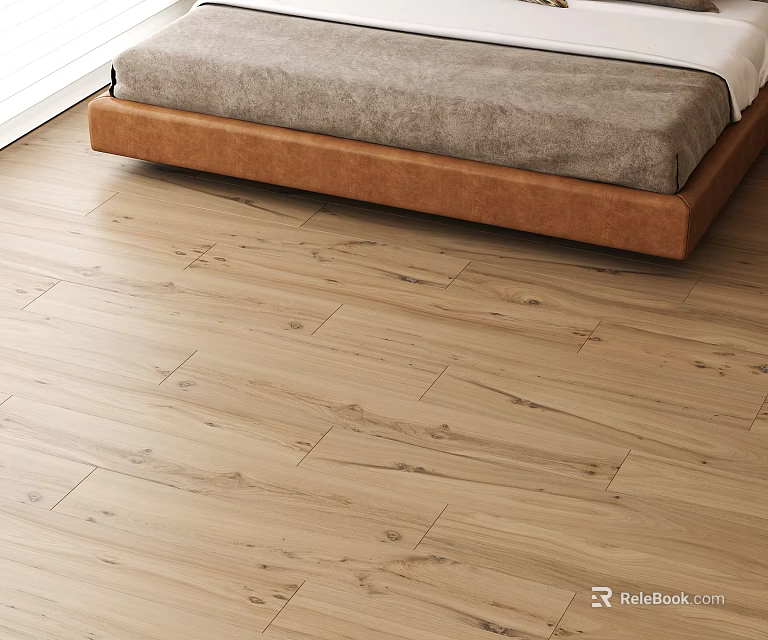Light Colored Wooden Flooring in Bedroom with Brown Bed Frame and Gray Mattress 3d model 