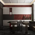 Elegant Modern Private Dining Room With Dark Walls Marble Flooring And Lighted Panel Wall