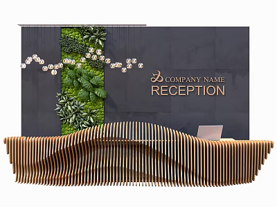 Wooden Wave Design Reception Desk With Green Plant Wall Hanging Lights And Company Name Signage 3d model