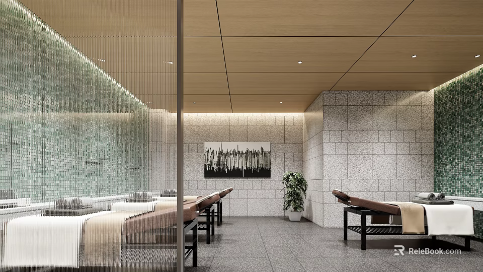 Modern SPA Sauna Interior Design With Massage Beds And Decorative Stone Walls 3d model 