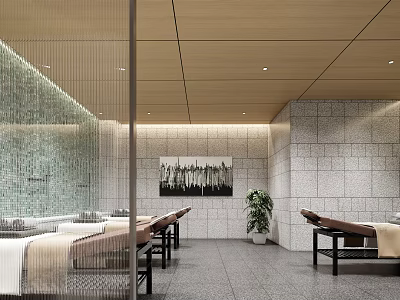 Modern SPA Sauna Interior Design With Massage Beds And Decorative Stone Walls 3d model