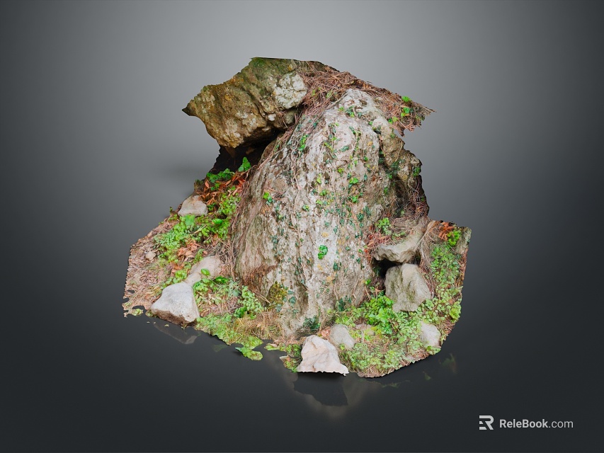 Natural Scenery Showcasing Rock Formation With Lush Green Plants And Stones 3d model 