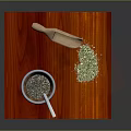 Silver Kitchen Mortar With Pestle Wooden Spoon And Green Herbs On Red Wooden Board