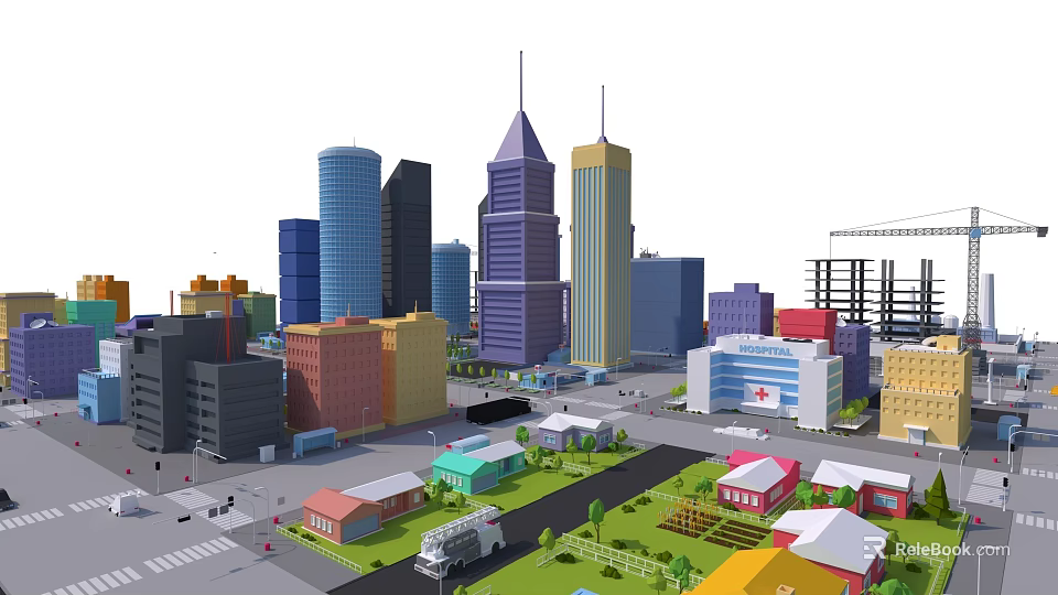 Cartoon Cityscape With Colorful Tall Skyscrapers Low Rise Buildings Streets Vehicles And Green Areas 3d model 
