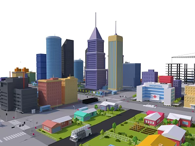 Cartoon Cityscape With Colorful Tall Skyscrapers Low Rise Buildings Streets Vehicles And Green Areas 3d model