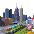 Cartoon Cityscape With Colorful Tall Skyscrapers Low Rise Buildings Streets Vehicles And Green Areas