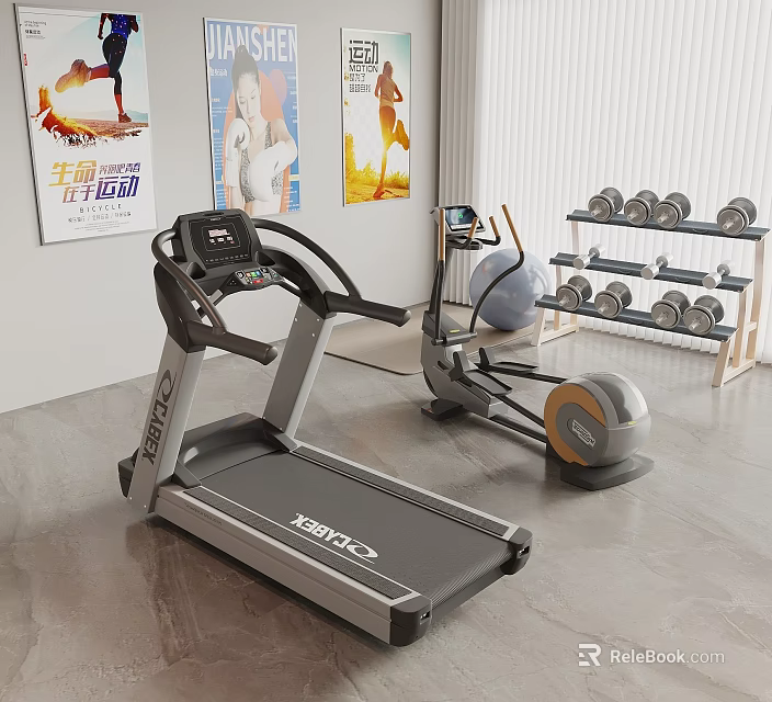 Essential Sports Equipment in Home Gym with Treadmill Exercise Bike Dumbbells and Fitness Posters 3d model 